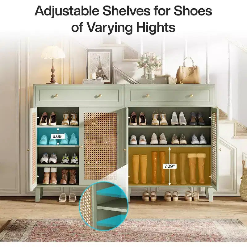 Zapatero boho de 6 niveles con puertas de ratán, cajón y estante ajustable, verde menta