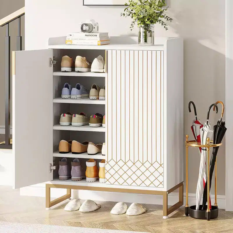 Lantine 5-Tier Wooden Shoe Cabinet with Doors, Stores 25 Pairs, Modern White Organizer for Entryway, Living Room, Bedroom, Hallway, Closet.