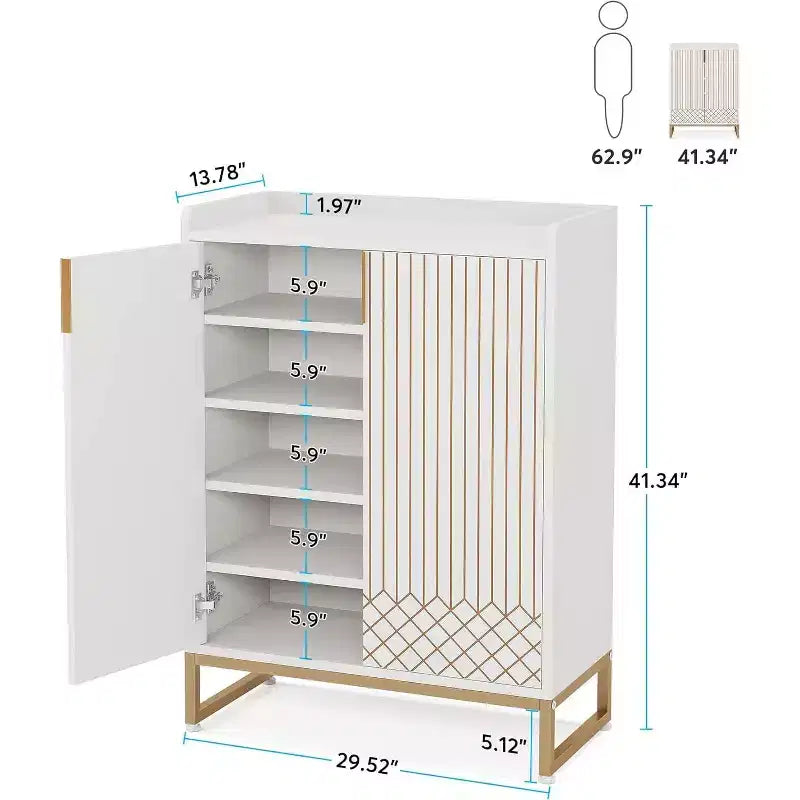 Zapatero de madera de 5 niveles con puertas, capacidad para 25 pares, organizador moderno blanco