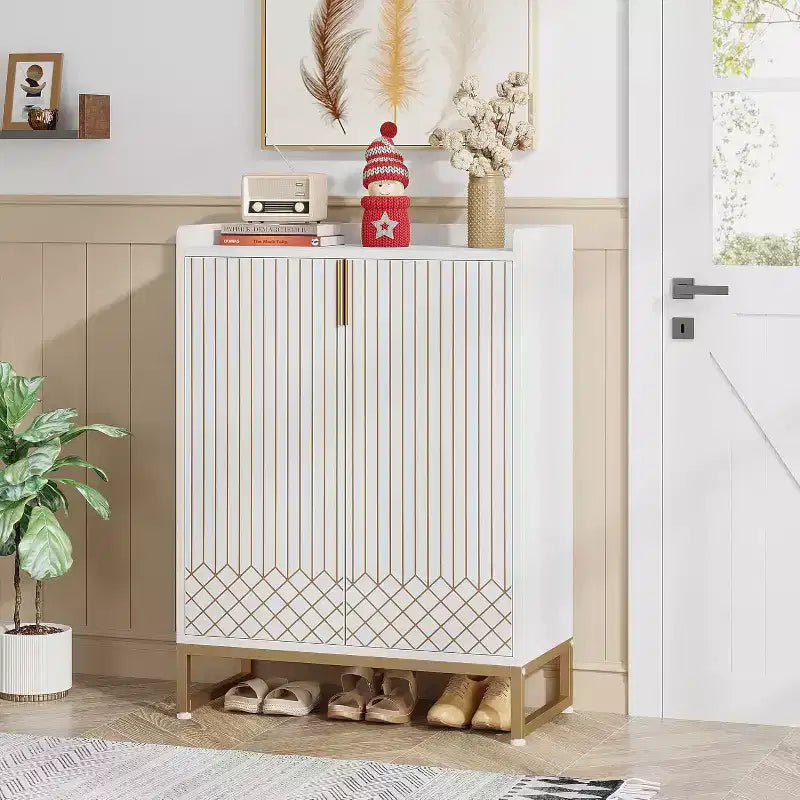 Zapatero de madera de 5 niveles con puertas, capacidad para 25 pares, organizador moderno blanco