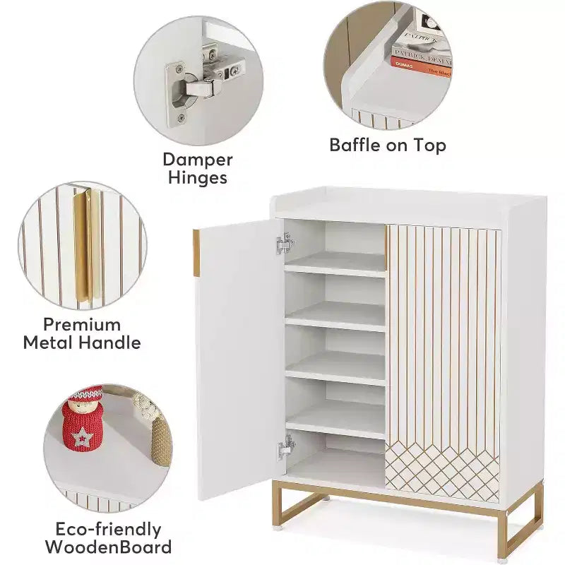 Zapatero de madera de 5 niveles con puertas, capacidad para 25 pares, organizador moderno blanco