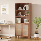 Estantería alta decorativa de 5 niveles con puertas de ratán, vitrina, 180 cm de alto