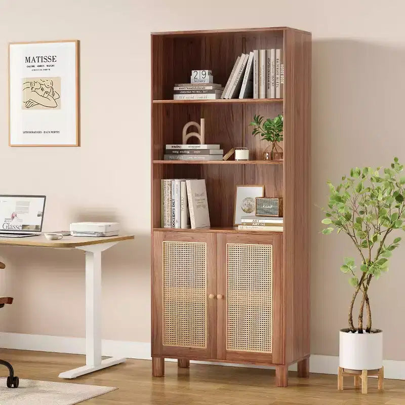 Estantería alta decorativa de 5 niveles con puertas de ratán, vitrina, 180 cm de alto