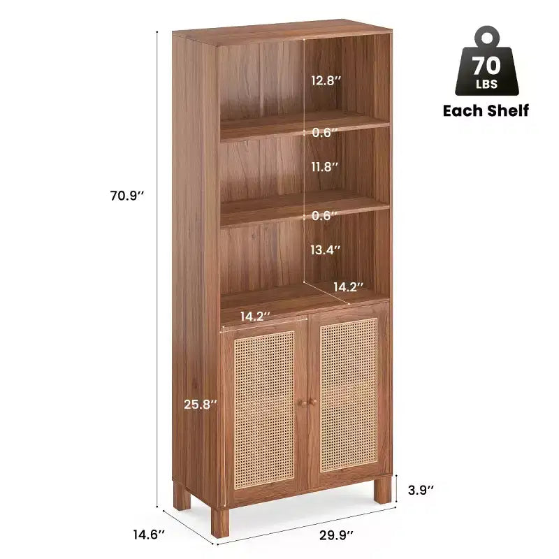 Estantería alta decorativa de 5 niveles con puertas de ratán, vitrina, 180 cm de alto