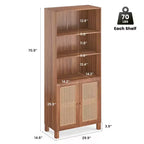 Estantería alta decorativa de 5 niveles con puertas de ratán, vitrina, 180 cm de alto