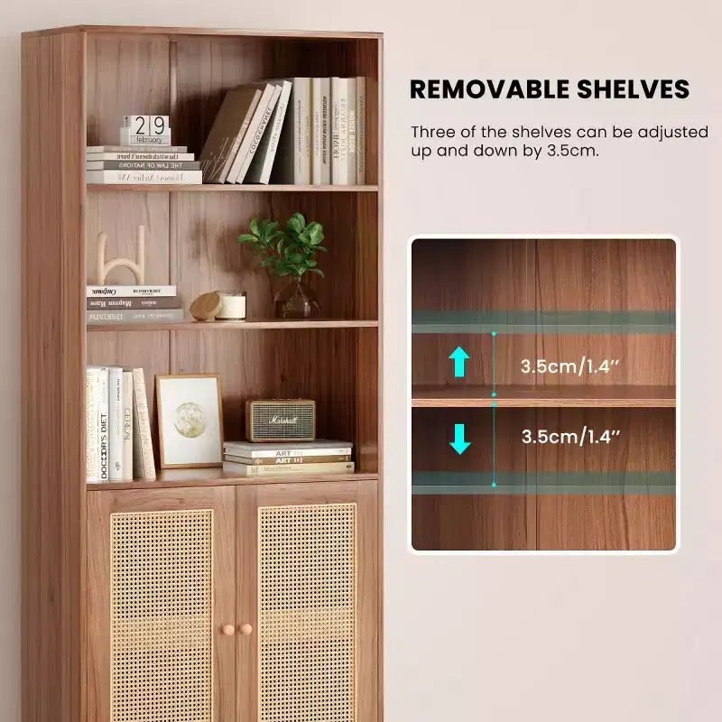 Estantería alta decorativa de 5 niveles con puertas de ratán, vitrina, 180 cm de alto