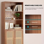 Estantería alta decorativa de 5 niveles con puertas de ratán, vitrina, 180 cm de alto