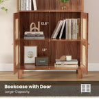 Estantería alta decorativa de 5 niveles con puertas de ratán, vitrina, 180 cm de alto