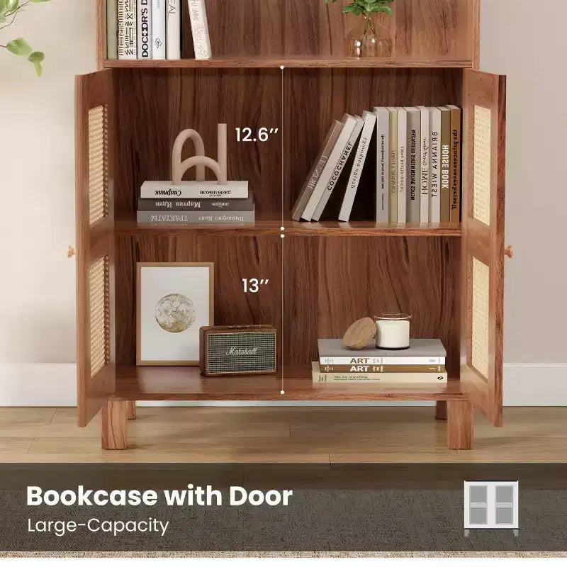 Estantería alta decorativa de 5 niveles con puertas de ratán, vitrina, 180 cm de alto