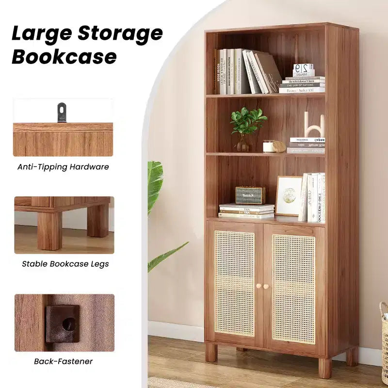 Estantería alta decorativa de 5 niveles con puertas de ratán, vitrina, 180 cm de alto
