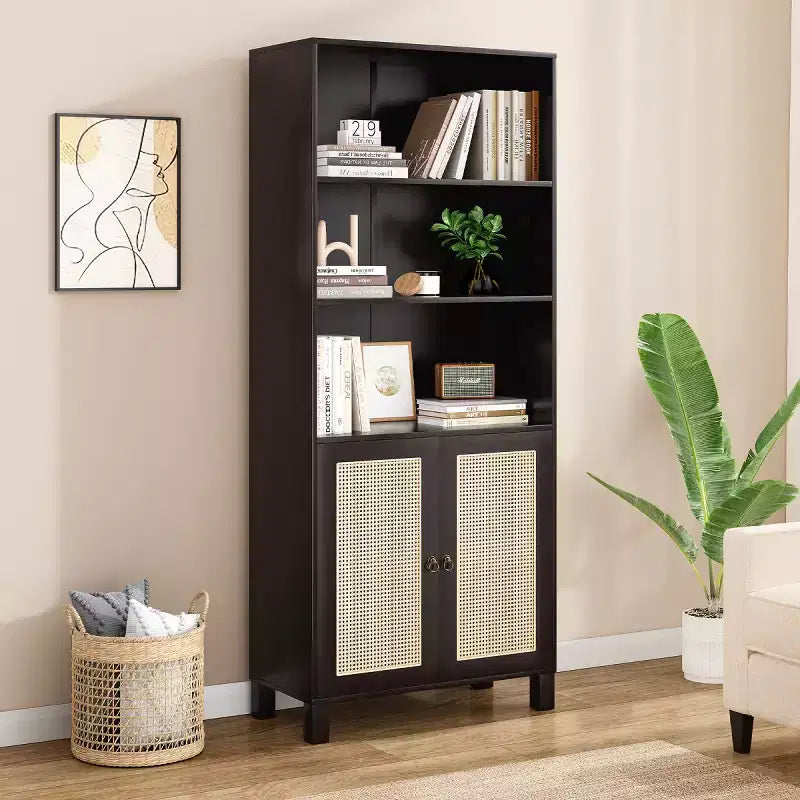 Estantería alta decorativa de 5 niveles con puertas de ratán, vitrina, 180 cm de alto