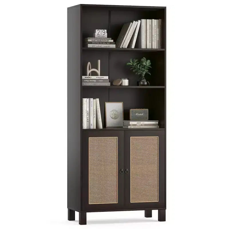 Estantería alta decorativa de 5 niveles con puertas de ratán, vitrina, 180 cm de alto