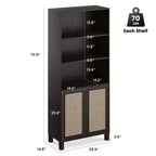 Estantería alta decorativa de 5 niveles con puertas de ratán, vitrina, 180 cm de alto