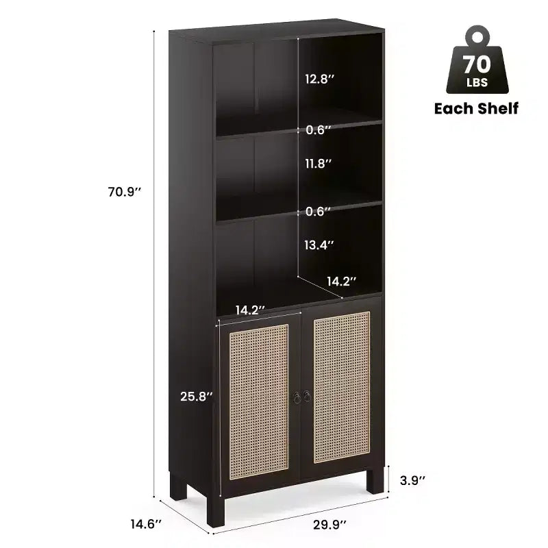 Estantería alta decorativa de 5 niveles con puertas de ratán, vitrina, 180 cm de alto