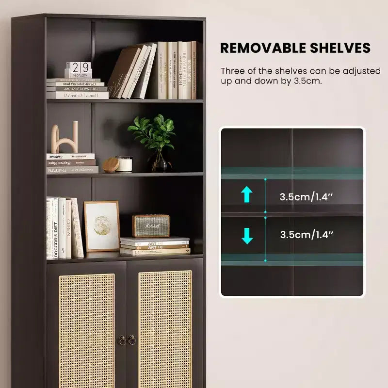 Estantería alta decorativa de 5 niveles con puertas de ratán, vitrina, 180 cm de alto