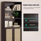 Estantería alta decorativa de 5 niveles con puertas de ratán, vitrina, 180 cm de alto