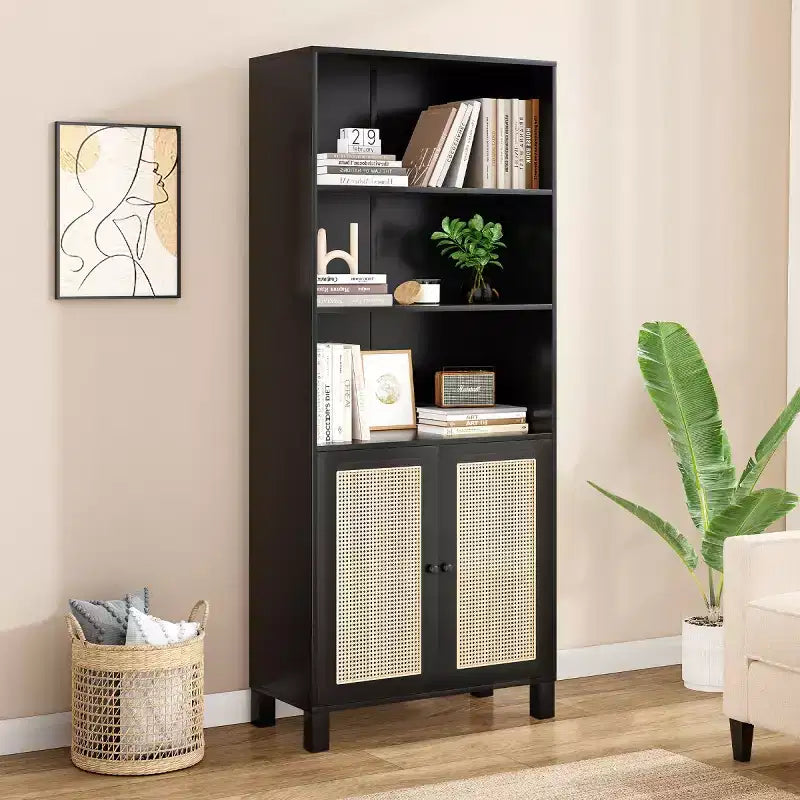 Estantería alta decorativa de 5 niveles con puertas de ratán, vitrina, 180 cm de alto