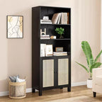 Estantería alta decorativa de 5 niveles con puertas de ratán, vitrina, 180 cm de alto