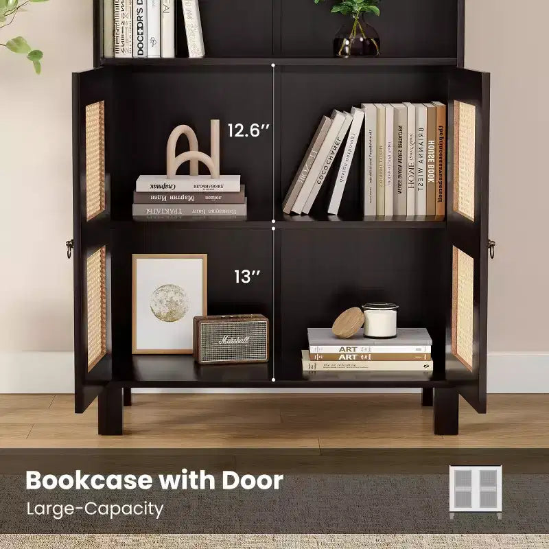 Estantería alta decorativa de 5 niveles con puertas de ratán, vitrina, 180 cm de alto