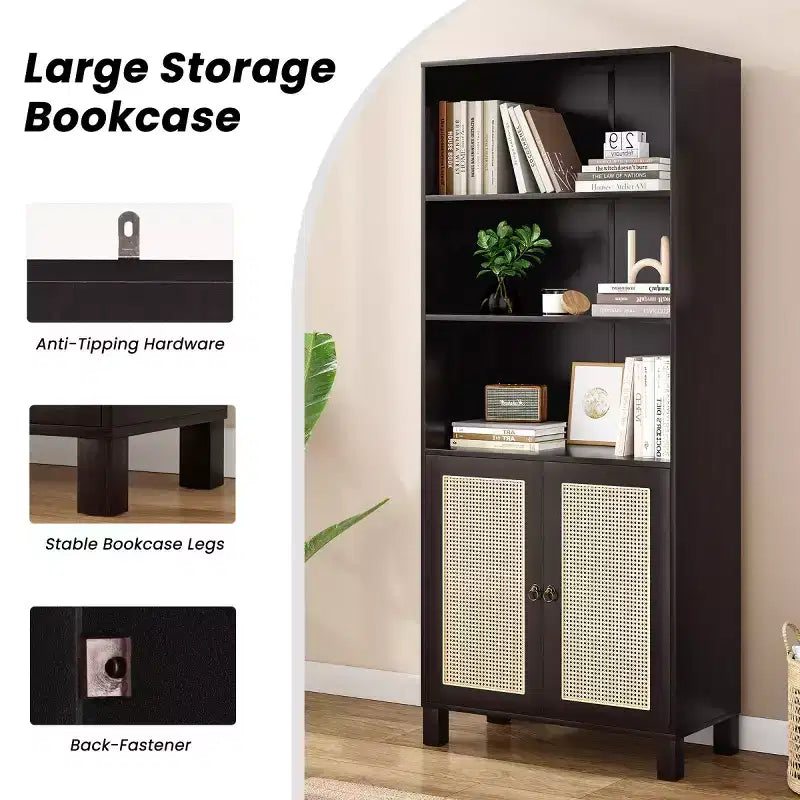 Estantería alta decorativa de 5 niveles con puertas de ratán, vitrina, 180 cm de alto