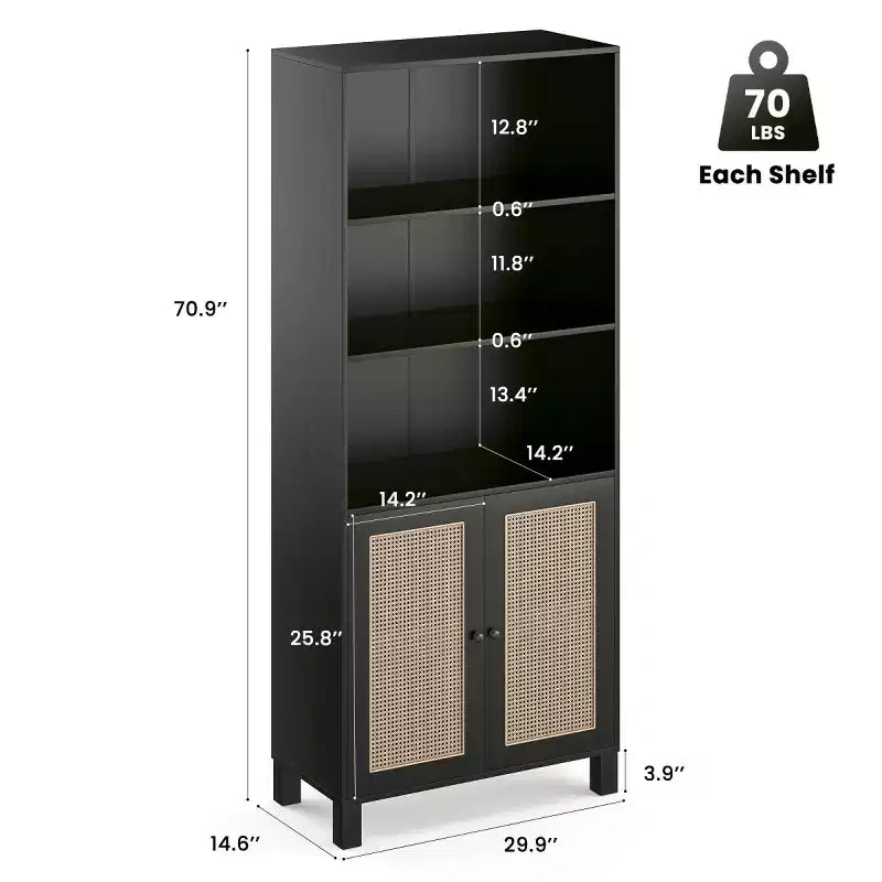 Estantería alta decorativa de 5 niveles con puertas de ratán, vitrina, 180 cm de alto