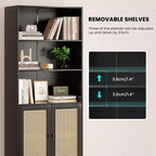 Estantería alta decorativa de 5 niveles con puertas de ratán, vitrina, 180 cm de alto