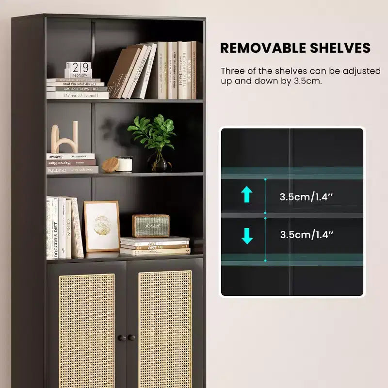 Estantería alta decorativa de 5 niveles con puertas de ratán, vitrina, 180 cm de alto