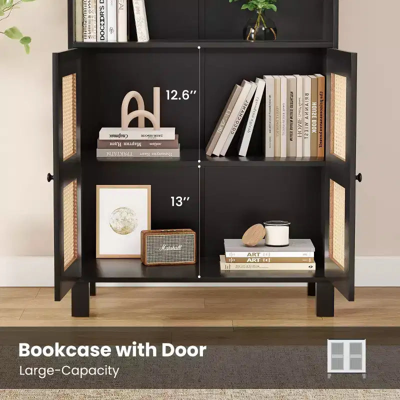 Estantería alta decorativa de 5 niveles con puertas de ratán, vitrina, 180 cm de alto