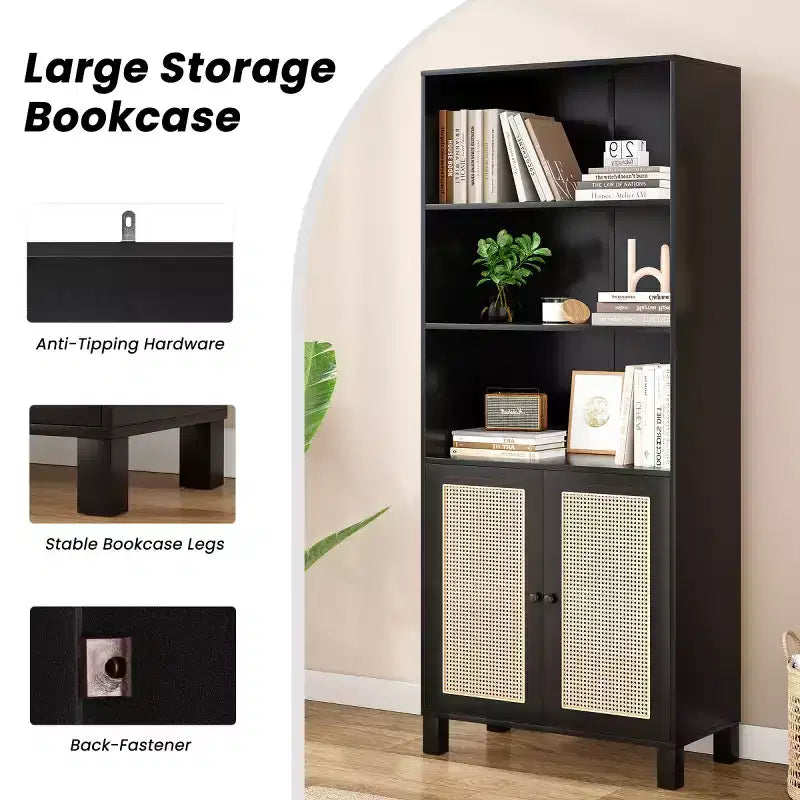 Estantería alta decorativa de 5 niveles con puertas de ratán, vitrina, 180 cm de alto