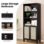 Estantería alta decorativa de 5 niveles con puertas de ratán, vitrina, 180 cm de alto