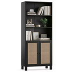 Estantería alta decorativa de 5 niveles con puertas de ratán, vitrina, 180 cm de alto