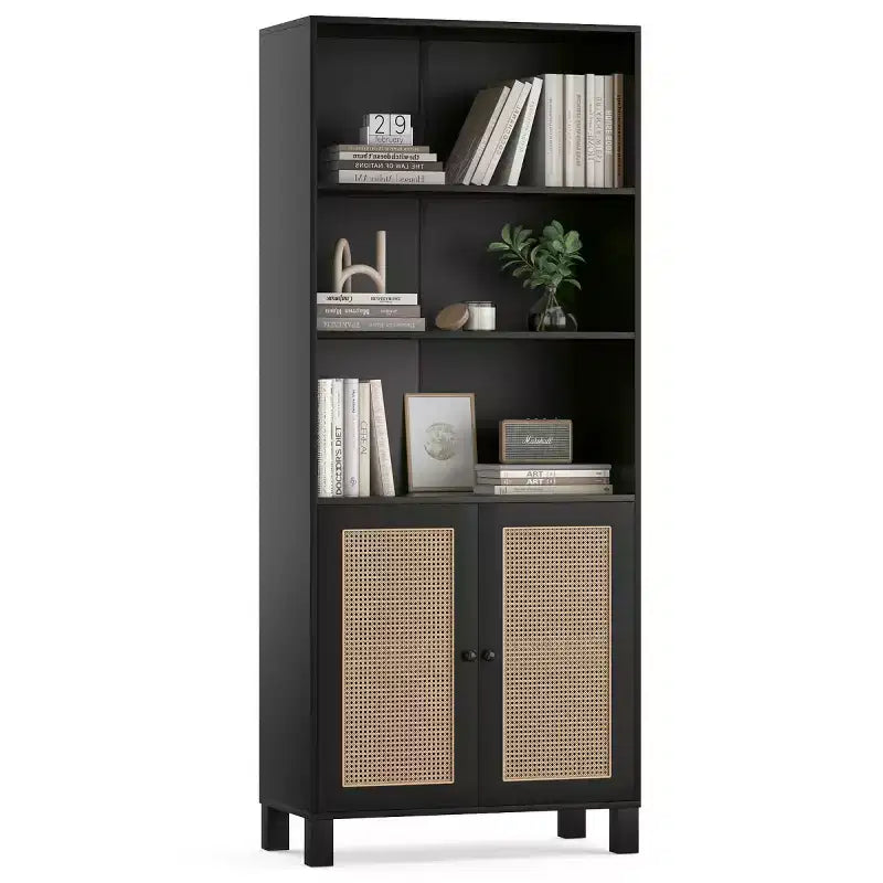 Estantería alta decorativa de 5 niveles con puertas de ratán, vitrina, 180 cm de alto