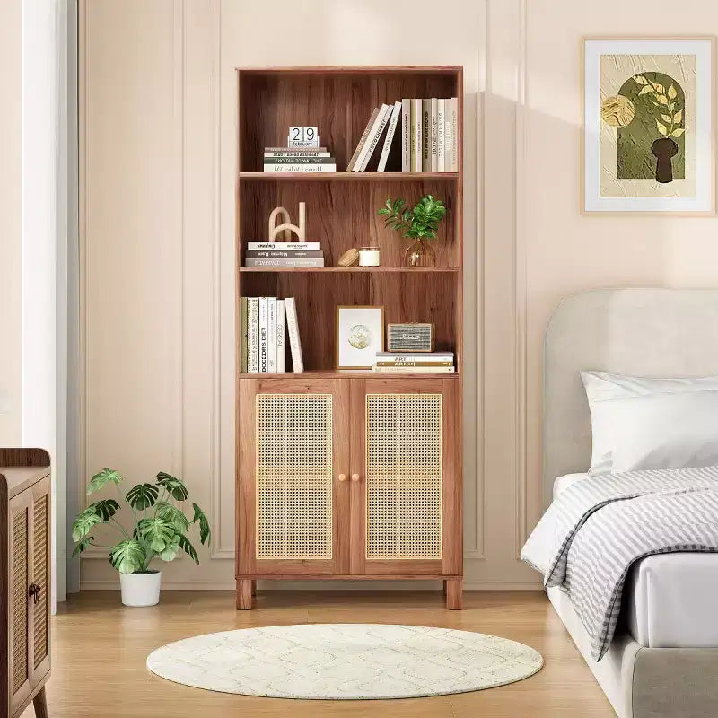 Estantería alta decorativa de 5 niveles con puertas de ratán, vitrina, 180 cm de alto