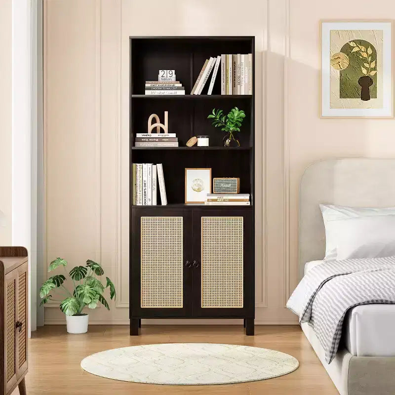 Estantería alta decorativa de 5 niveles con puertas de ratán, vitrina, 180 cm de alto