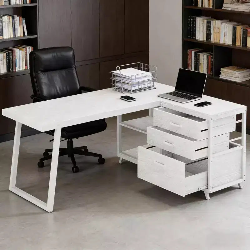Escritorio moderno reversible en forma de L con 3 cajones y estantes abiertos, 134 cm de ancho