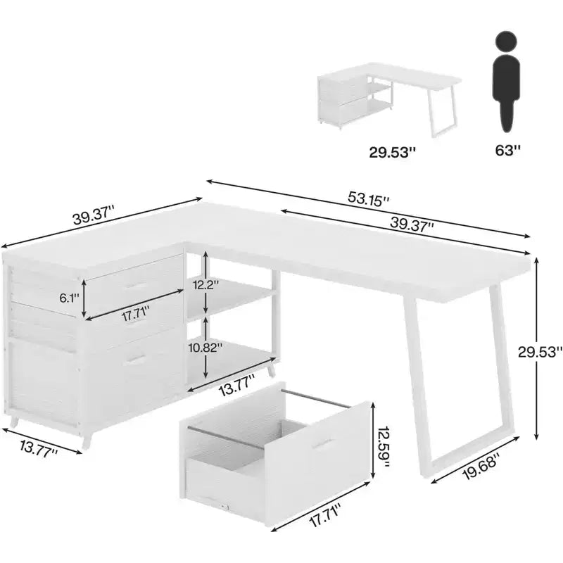 Escritorio moderno reversible en forma de L con 3 cajones y estantes abiertos, 134 cm de ancho