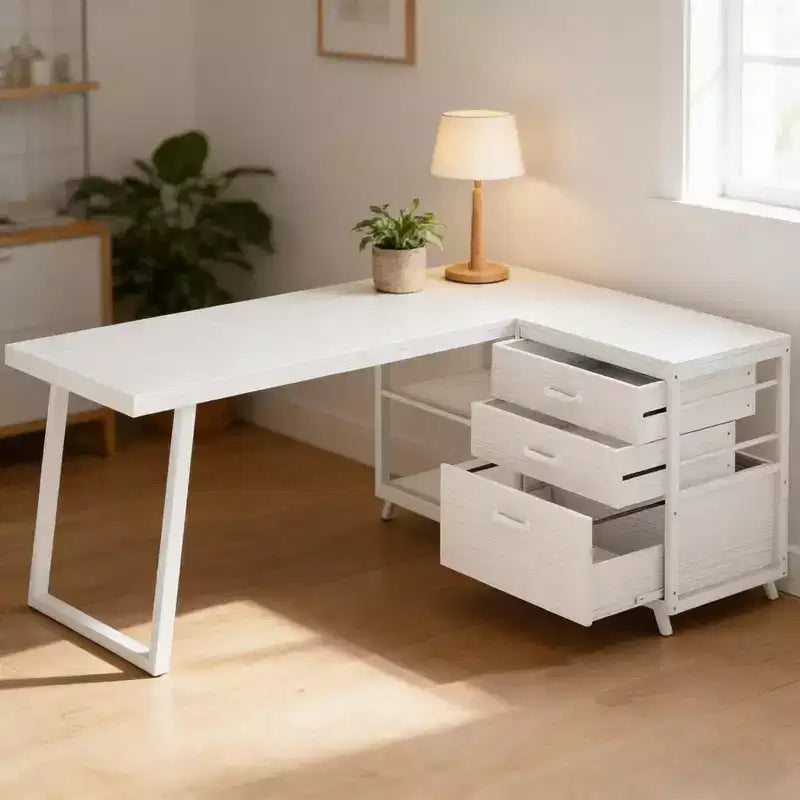 Escritorio moderno reversible en forma de L con 3 cajones y estantes abiertos, 134 cm de ancho
