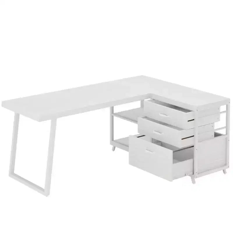 Escritorio moderno reversible en forma de L con 3 cajones y estantes abiertos, 134 cm de ancho