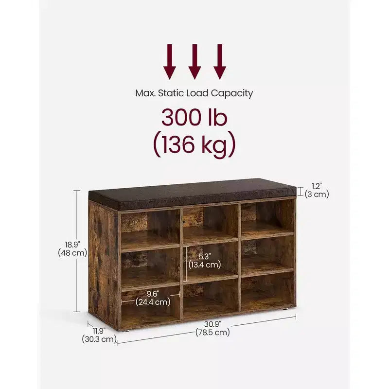 Banco para zapatos con cojín y 9 compartimentos, Banco de almacenamiento con asiento acolchado, 136 kg