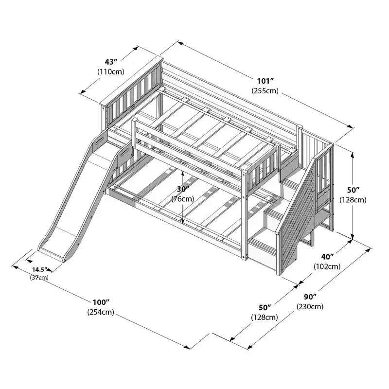 Litera baja doble sobre doble con tobogán y escaleras, cama de plataforma de madera maciza para niños, 14 barandillas