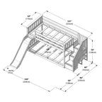 Litera baja doble sobre doble con tobogán y escaleras, cama de plataforma de madera maciza para niños, 14 barandillas