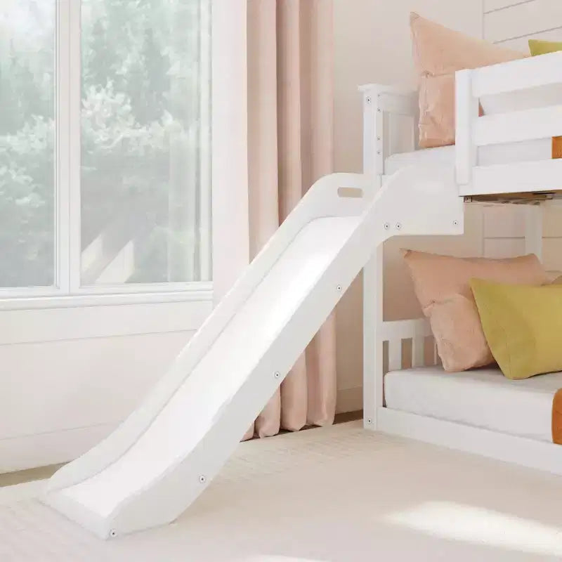 Litera baja doble sobre doble con tobogán y escaleras, cama de plataforma de madera maciza para niños, 14 barandillas