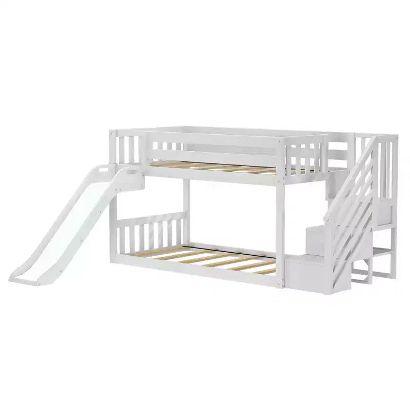 Litera baja doble sobre doble con tobogán y escaleras, cama de plataforma de madera maciza para niños, 14 barandillas