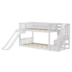 Litera baja doble sobre doble con tobogán y escaleras, cama de plataforma de madera maciza para niños, 14 barandillas