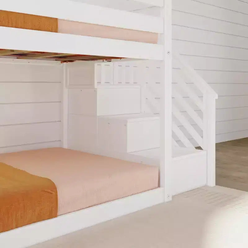 Litera baja doble sobre doble con tobogán y escaleras, cama de plataforma de madera maciza para niños, 14 barandillas