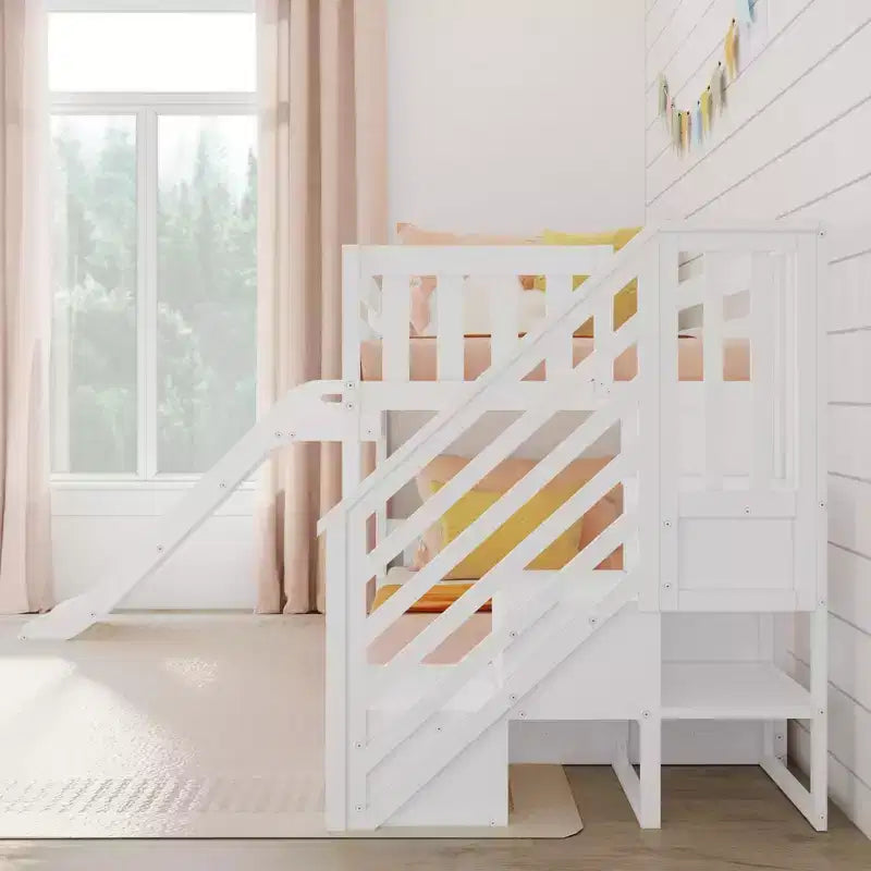 Litera baja doble sobre doble con tobogán y escaleras, cama de plataforma de madera maciza para niños, 14 barandillas