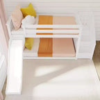 Litera baja doble sobre doble con tobogán y escaleras, cama de plataforma de madera maciza para niños, 14 barandillas