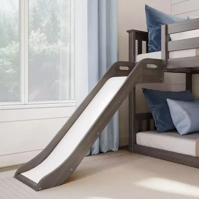 Litera baja doble sobre doble con tobogán y escaleras, cama de plataforma de madera maciza para niños, 14 barandillas