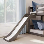 Litera baja doble sobre doble con tobogán y escaleras, cama de plataforma de madera maciza para niños, 14 barandillas