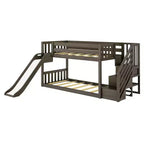Litera baja doble sobre doble con tobogán y escaleras, cama de plataforma de madera maciza para niños, 14 barandillas